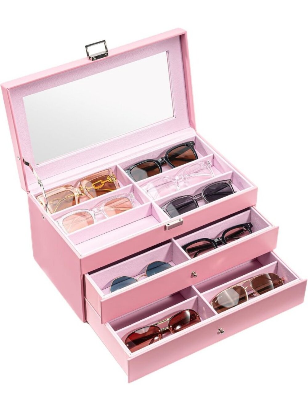 Stylish Pink 3-Layer Sunglasses Storage Organizer - Perfect for Accessories!